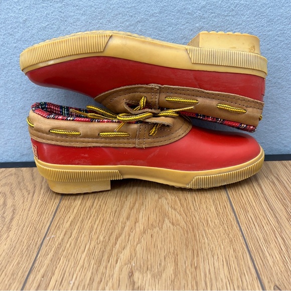 Lands' End Duck Boots Low Red & Tan Leather Fur Flannel Lining Womens Size7 M - Picture 6 of 8